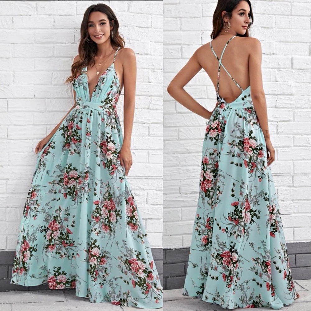 Crisscross open back maxi dress v neck floral print boho bridesmaid pink - Picture 3 of 3